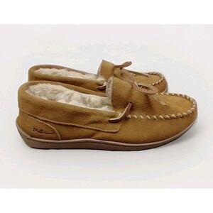 My Pillow My Slippers Moc Slipper Womens 6 Chestnut Tan Leather Suede Faux Fur